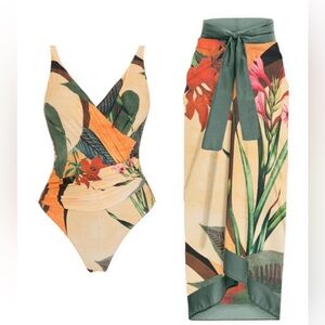 Floral One-Piece Swimsuit and Sarong Set